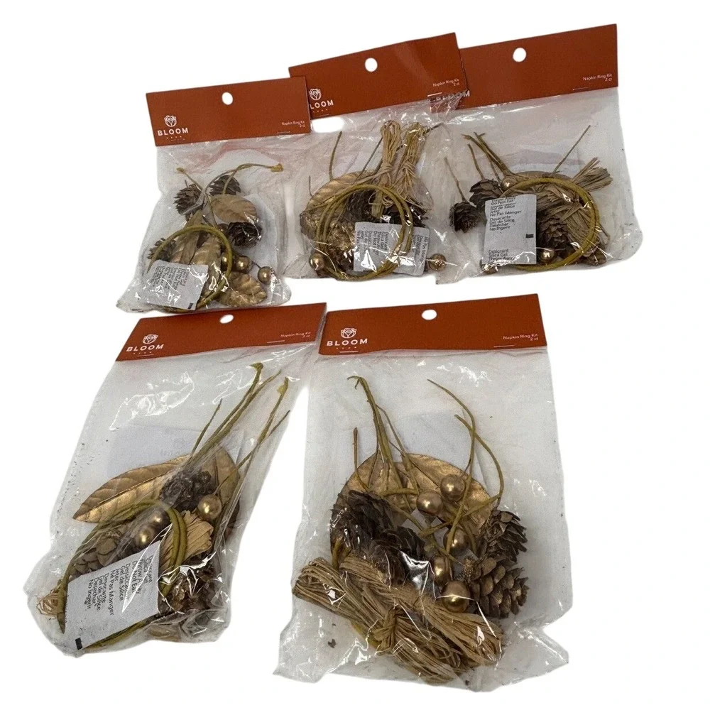 Bloom Room Napkin Ring Kit Lot of 5 Packs 10‎ Total Pinecone Gold Berry Rustic